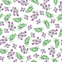 Seamless pattern with doodle lilac berries and green leaves on white background. Hand drawn watercolor illustration.