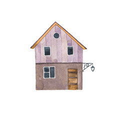 Obraz na płótnie Canvas Decorative wood house isolated on white background. Hand drawn watercolor illustration.