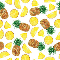 Seamless pattern with fresh yellow pineapple and fruit slices on white background. Hand drawn watercolor illustration.