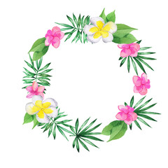 Tropical plumeria flowers and green leaves round frame isolated on white background. Hand drawn watercolor illustration.