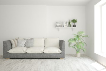 Stylish room in white color with sofa. Scandinavian interior design. 3D illustration