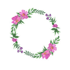 Pink flowers and green leaves decorative wreath isolated on white background. Greeting card or wedding invitation design. Hand drawn watercolor illustration.