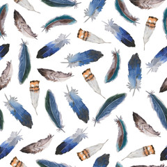 Seamless pattern with blue and grey bird feathers on white background. Hand drawn watercolor illustration.