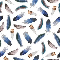 Keuken foto achterwand Aquarel veren Naadloos patroon met blauwe en grijze vogelveren op witte achtergrond. Hand getekende aquarel illustratie.