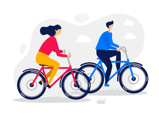 Young woman and man ride the bike.