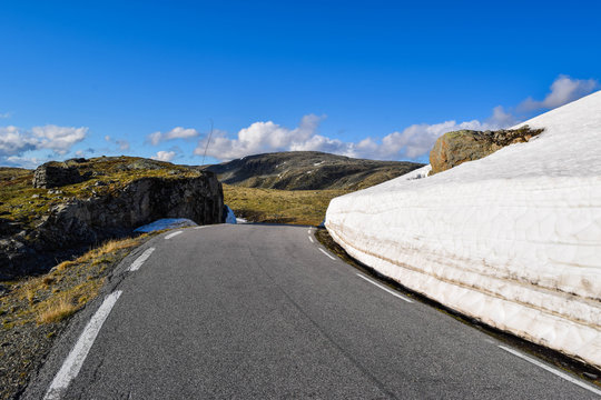 National tourist snow road Aurlandsvegen in Norway.