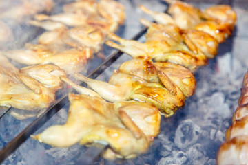 Quail on the grill. Several quails are strung on a skewer and fried on coals.