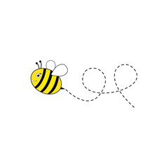 Bee flying on a dotted route isolated on the white background