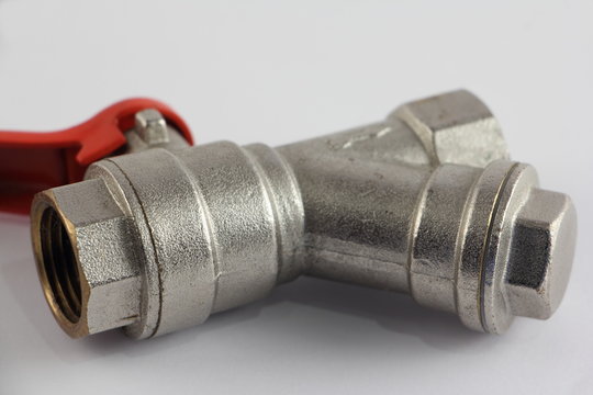 1/2" brass water tap with coarse filter for rough cleaning, close up plumbing mounting fixtures on white background