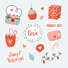 Cute love stickers with Valentines day elements and romantic topography.