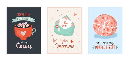 Collection of Valentines day greeting cards. Vector hand drawn illustrations and lettering.