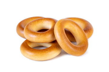 Small dry bagels, small rolls on a white background