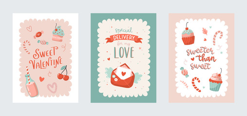 Collection of Valentines day greeting cards. Vector hand drawn illustrations and lettering.