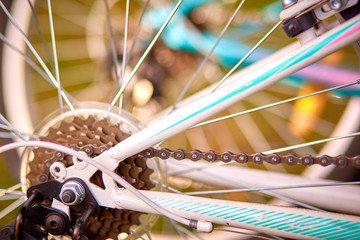 Bicycle's detail view of rear wheel with chain sprocket