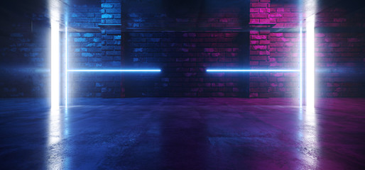 Neon Glowing Purple Blue Cyber Underground Brick Cement Asphalt Parking Showroom Car Garage Corridor Lights Realistic Urban Showcase Background 3D Rendering