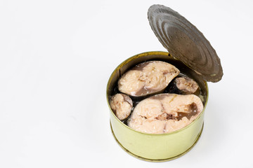 Canned fish in an iron can on white background