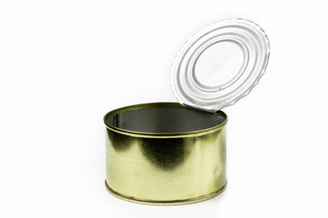 Empty tin can close up on a white background