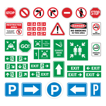 Set Street Sign, Evacuate Sign, Smoking Area / No Smoking Sign, Parking Sign, Stop, Fire Assembly Point Vector Template