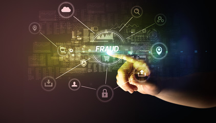 Hand touching FRAUD inscription, Cybersecurity concept