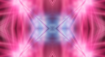 Dark background, blue and pink neon lines. Symmetric reflection of geometric shapes.