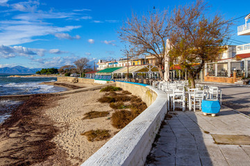 Fototapeta premium Empty off-season street at the scenic village of Fanari, Rhodope prefecture, Greece
