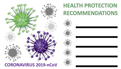 Coronavirus 2019 nCoV, protection, hygiene, dangerous unknown virus in China Wuhan, 3d green and purple coronavirus on information leaflet, vector illustration