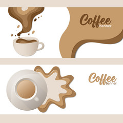 Samples of horizontal banners with a cup of coffee in paper cut style for shops, cafes or restaurants. Templates for menu, card, banner, poster, flyers. Vector stock illustration.