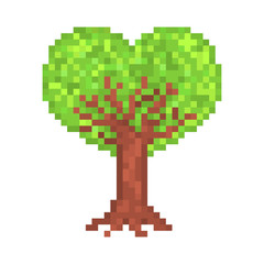 Fototapeta premium 8 bit pixel art heart-shaped crown tree isolated on white, symbol of love growing, Valentine's day, nature care, ecology issues, environmental problems, climate change concerns, forest protection.