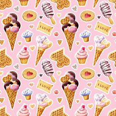 Watercolor seamless pattern for Valentine's day. Sweets,  waffles, ice-cream and cakes on  pink background..