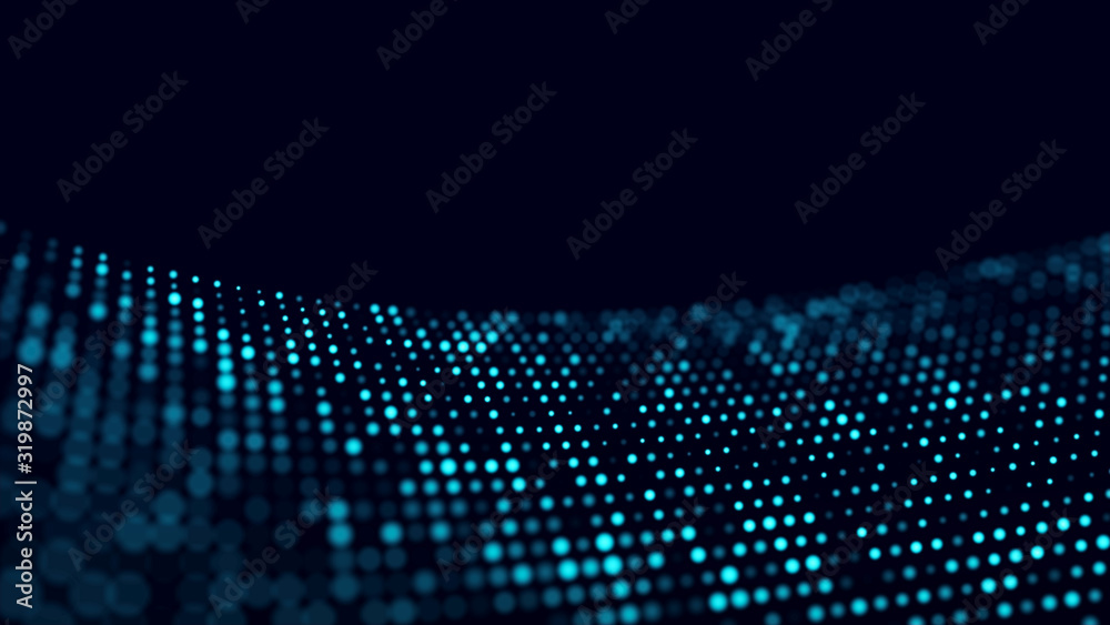 Aufkleber Abstract dark background with movement of luminous particles. Digital technology. 3D rendering.
