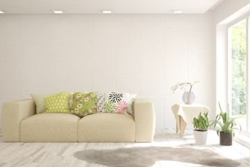 Stylish room in white color with sofa. Scandinavian interior design. 3D illustration