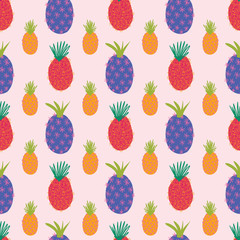 Abstract modern pineapple pattern. Colorful seamless vector summer background. Repeating tropical pineapples on pink. Hand drawn exotic fruit isolated in cartoon doodle style. For fabric, summer decor