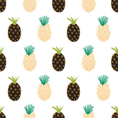 Contemporary summer pineapple seamless vector pattern. Abstract modern seamless background. Repeating tropical pineapples on white. Hand drawn exotic fruit isolated in cartoon doodle style. 