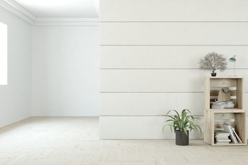 Empty room in white color with wooden shelf and home plant. Scandinavian interior design. 3D illustration