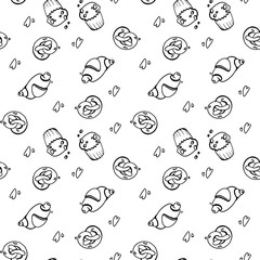 Digital illustration pattern on a white background with line chocolate muffin. Print for banners, posters, cards, fabrics, invitations, cafes.