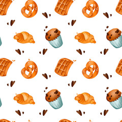 Digital illustration pattern on a white background with chocolate muffin. Print for banners, posters, cards, fabrics, invitations, cafes.