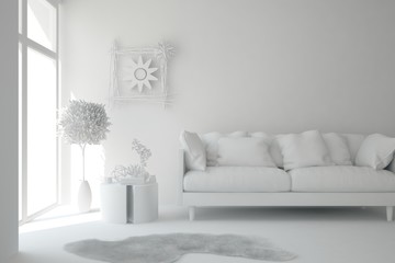 Mock up of stylish room in white color with sofa. Scandinavian interior design. 3D illustration