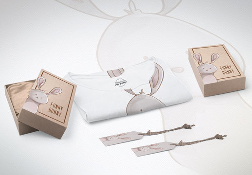 Kids' T-Shirt with 2 Boxes and Paper Tags Mockup