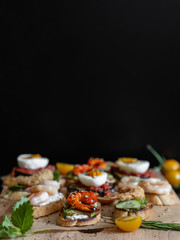 food, sandwiches with shrimp, egg, herbs, serving example