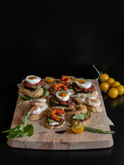 food, sandwiches with shrimp, egg, herbs, serving example