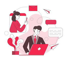 Internet communication contour color illustration. Online chatting, business messaging and correspondence, social sharing red concept. Businessman texting with secretary cartoon characters in red