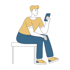 Fototapeta premium Young man with smartphone linear illustration. Confused guy holding telephone in hand isolated contour cartoon character isolated on white. Adult messaging, typing SMS, communicating via mobile phone