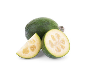 Green feijoa fruits isolated on white background. Fruits of feijoa on a white background. Tropical fruit feijoa isolated on white background