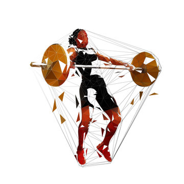 Weightlifting Squats, Strong Weightlifter Woman Litfs Big Barbell, Low Poly Vector Isolated Illustration