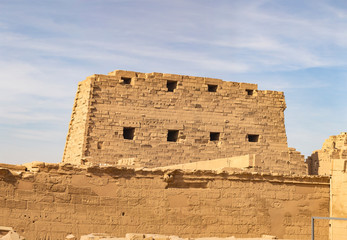 Luxor Governorate, Egypt, Karnak Temple, complex of Amun-Re. Embossed hieroglyphics on columns and walls.