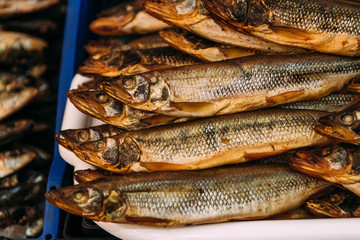 Close-up smoked fish on store shelves