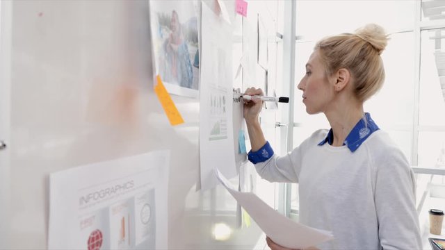 Female designer brainstorming, writing on whiteboard in office