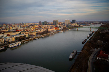 Obraz premium Bratislava, Bratislava / Slovakia - 01 01 2020: Bratislava castle, UFO Observation Deck, Danube on the first day of 2020