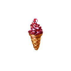 Ice-cream digitally painted dessert. Red sweet food nice for hot summer days. Illustration of creamy snack with waffle cone. use as an icon, design decoration card, web, books, magazines.