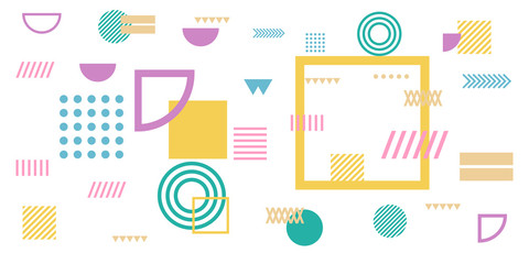 Memphis simple colorful yellow green pink abstract circle line rectangle box arrow cross mountain river pie egypt basic shape background for shirt. Suit for pattern and presentation background.